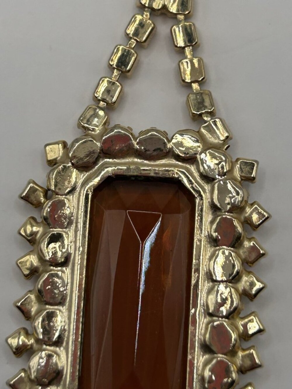 Vintage Statement Brown Glass Rhinestone Pendant Necklace Gold Tone Glam Style - Picture 16 of 16